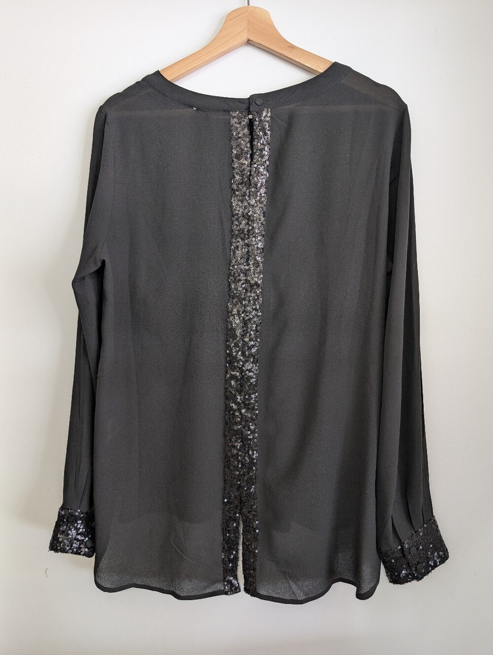 Covet Large Semi-Sheer Top Long Sleeve Sequin Flowy Shirt Long Stretchy Blouse